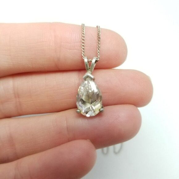 Vintage Sterling Silver Pear Shape Rhinestone Pendant Necklace, Minimal Estate - Picture 1 of 9